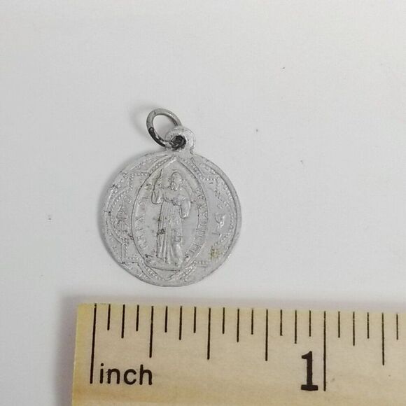 Vintage Saint Benedict Round Silver Tone Pendant Charm, Religious Medallion - Picture 5 of 7